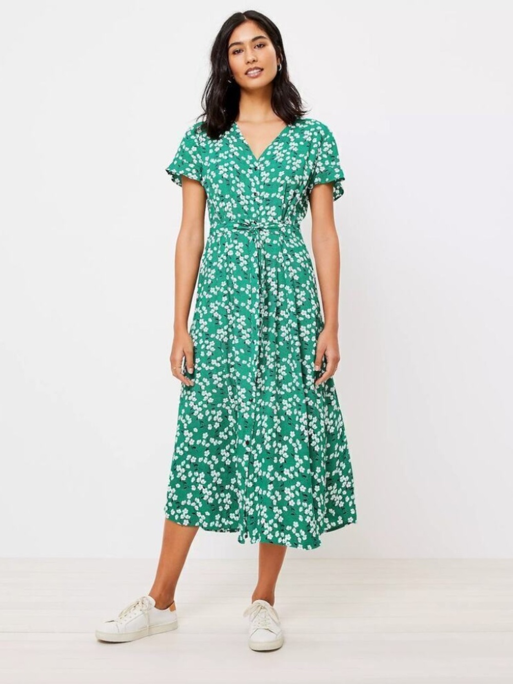 LOFT Green and White Ditzy Floral Flutter Sleeve Midi Shirtdress